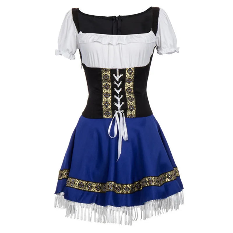 Elegant women's blue dirndl dress costume for Oktoberfest; a festive Bavarian party mini dress.