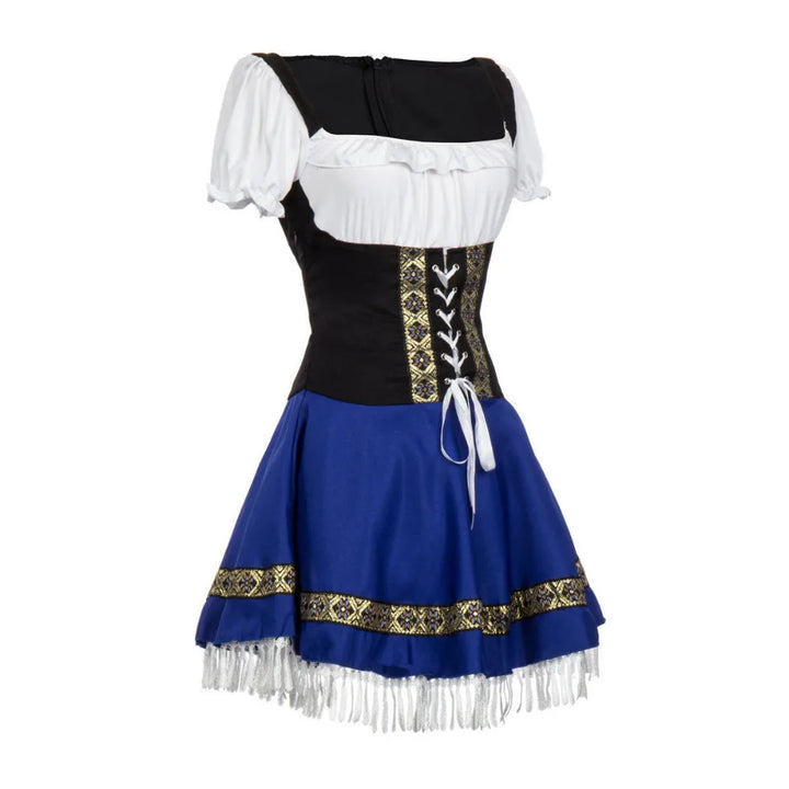 Blue Oktoberfest women's costume, a fancy Bavarian mini dirndl dress perfect for themed parties.