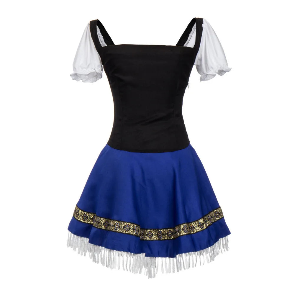 Festive women's blue Oktoberfest party dress costume; stylish Bavarian mini dirndl for celebrations.