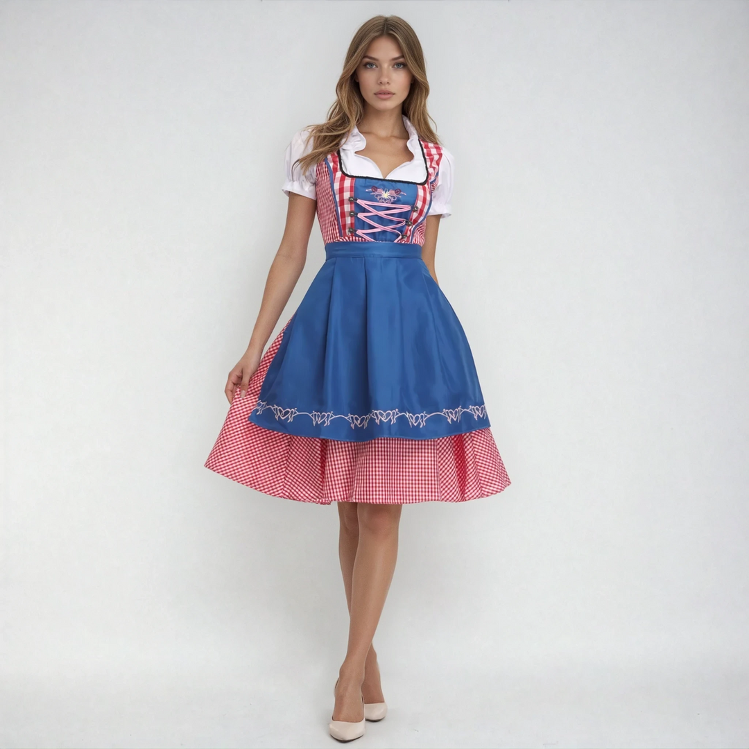 Women's blue & white Oktoberfest dirndl dress. Traditional Bavarian costume for German festivals.