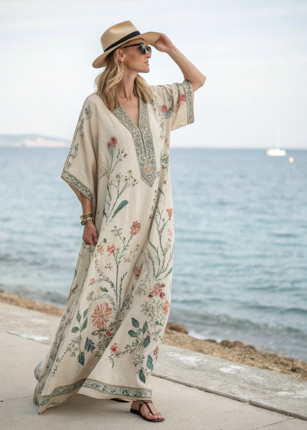 Women's Bohemian Printed Kaftan Maxi Dress, loose fit, vibrant print, perfect for summer beachwear.