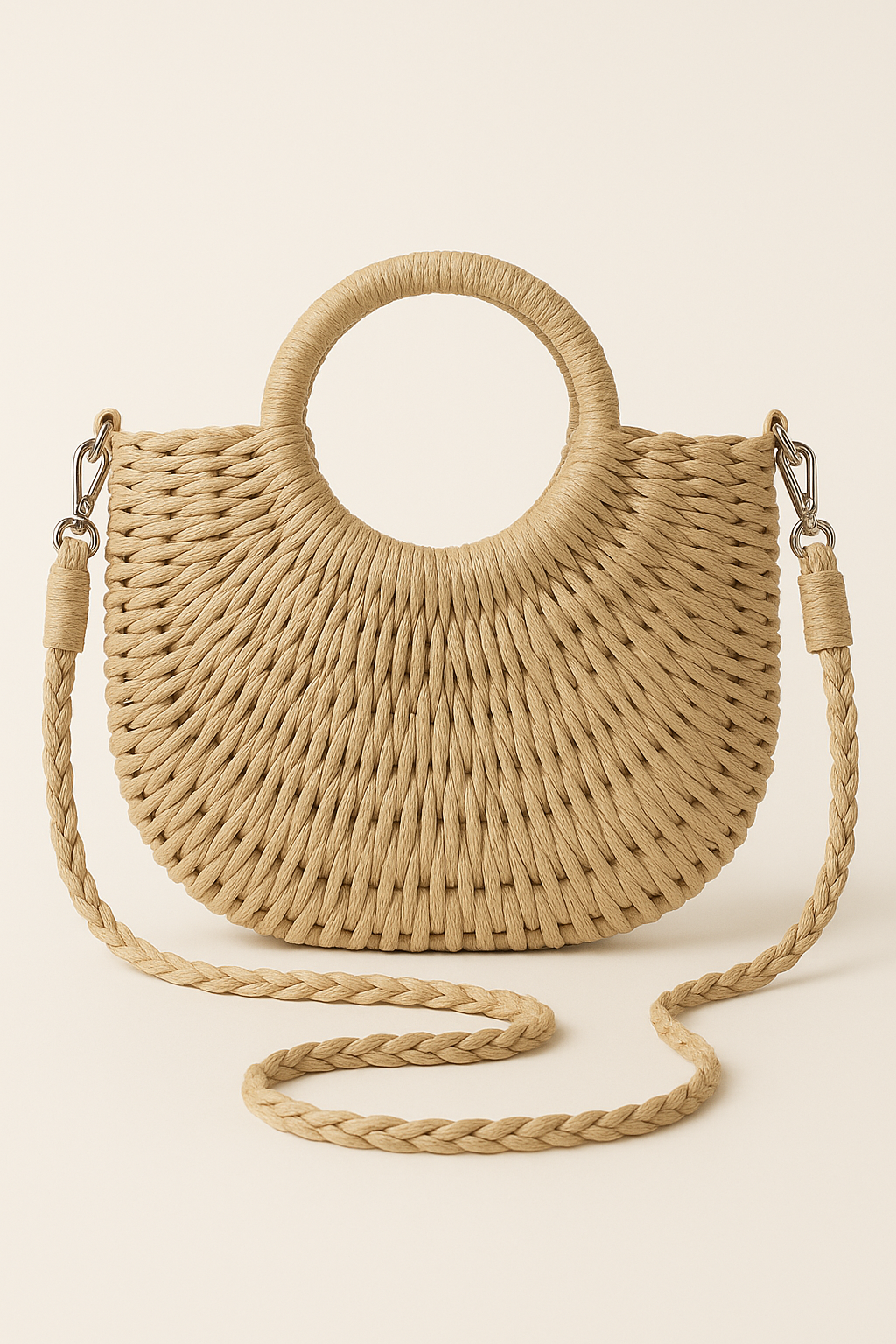 Women's bohemian straw crossbody handbag, a chic natural style accessory perfect for summer fashion and beach.