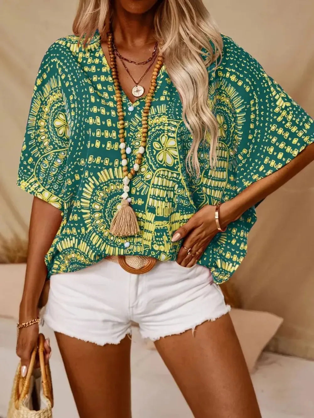 Printed V-neck blouse, women's boho style, perfect flowy top for summer.