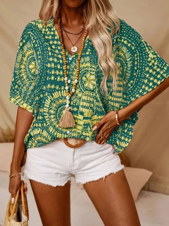 Printed V-neck blouse, women's boho style, perfect flowy top for summer.