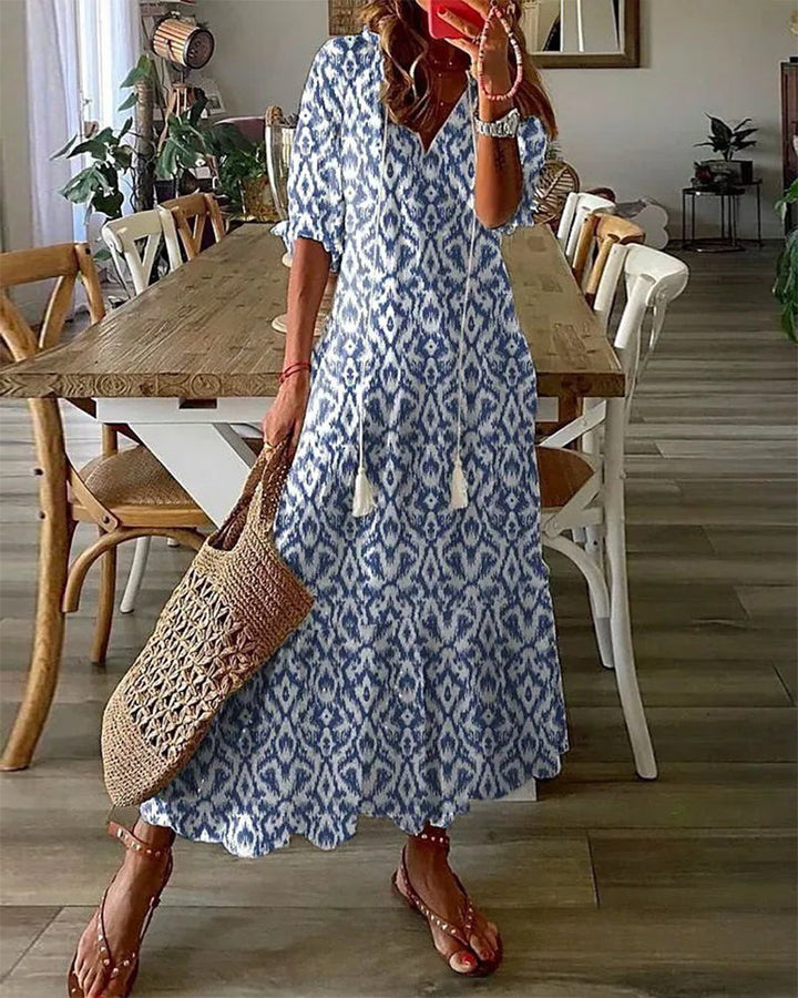 Women's Boho Vintage V-Neck Printed Maxi Dress, perfect for summer bohemian fashion.