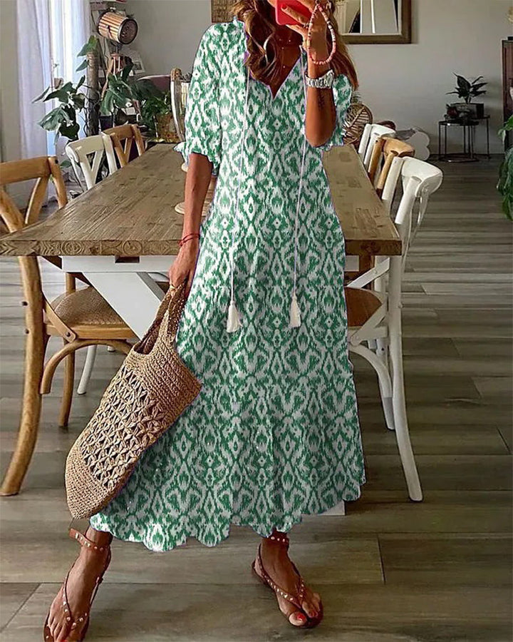 Flowy Women's Boho V-Neck Printed Maxi Dress for comfortable casual wear and unique vintage style.