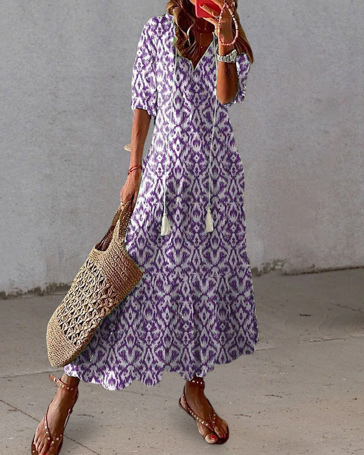 Elegant V-Neck Printed Maxi Dress for women, a vintage boho style summer dress with unique design.