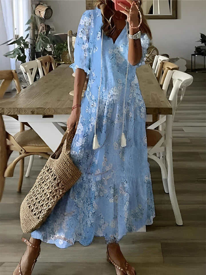 V-Neck Printed Maxi Dress featuring a unique bohemian vintage pattern, perfect for women's summer fashion.