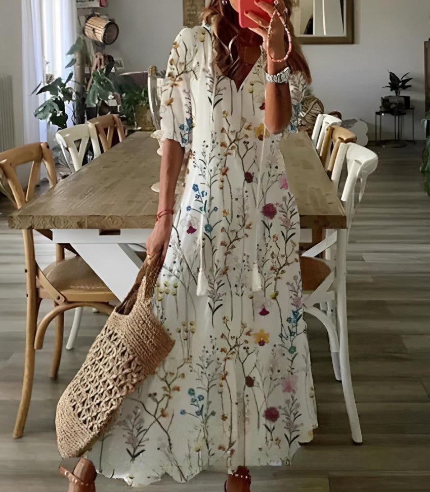 Vintage Boho V-Neck Printed Maxi Dress for women, a stylish bohemian summer dress with a unique flowy fit.