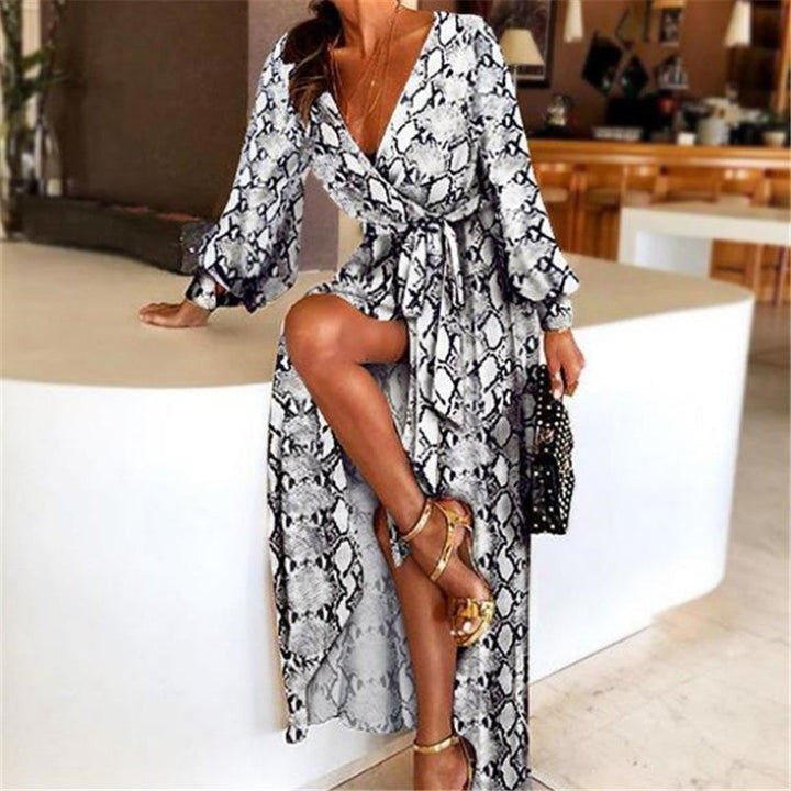 Comfortable women's long sleeve boho wrap dress with a slit. Ideal flowy maxi for summer relaxation.