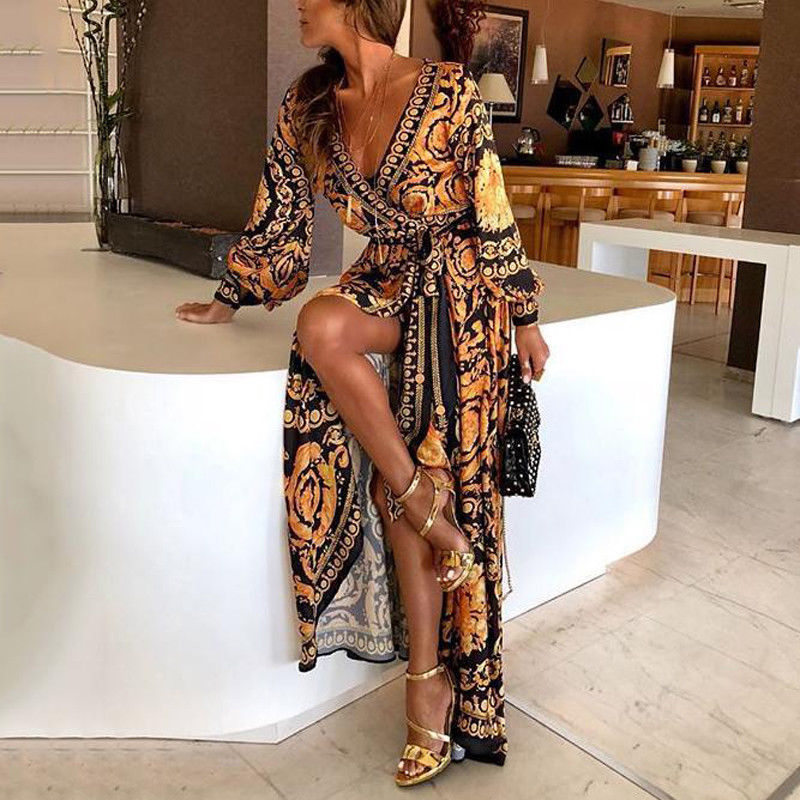 Flowy women's boho wrap summer dress, long sleeves & elegant side slit. Ideal for beach or casual wear.