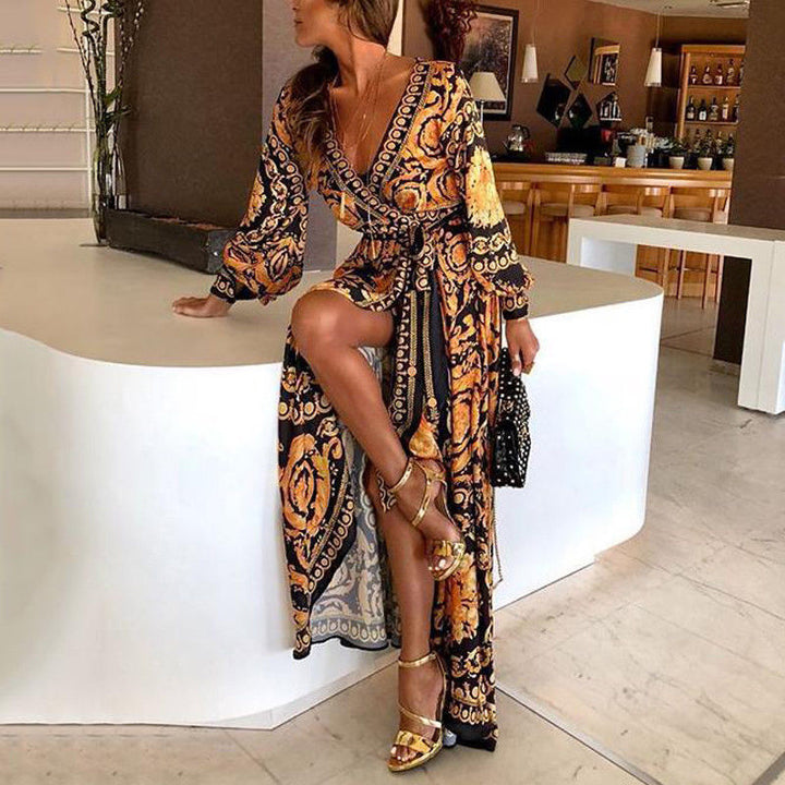 Flowy women's boho wrap summer dress, long sleeves & elegant side slit. Ideal for beach or casual wear.