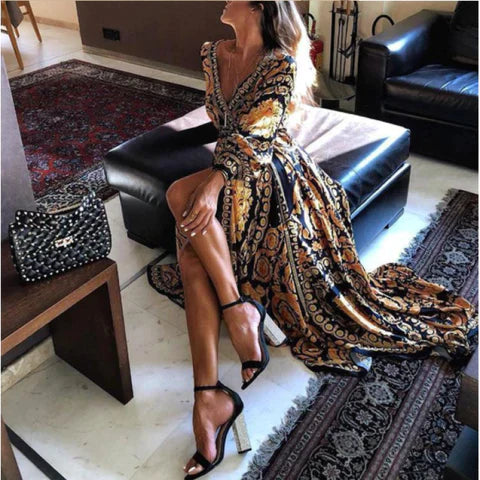 Chic women's boho wrap dress with long sleeves & slit, perfect for summer evenings & vacation outfits.