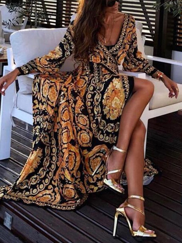Floral print women's boho wrap maxi dress, long sleeves & slit. Beautiful for summer fashion.