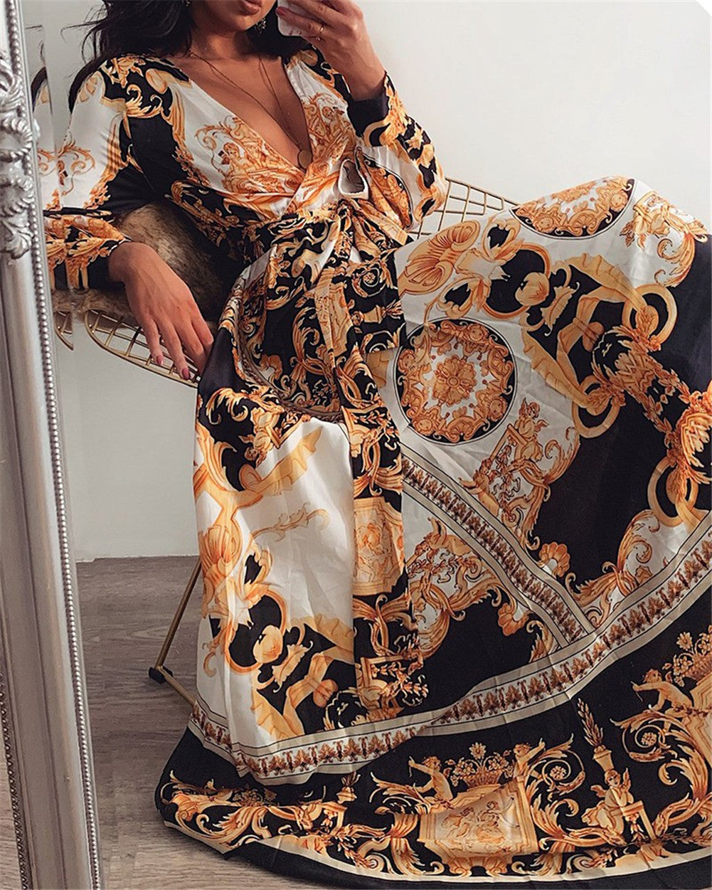 Versatile women's long sleeve boho wrap dress, thigh slit. Perfect as a casual or evening summer dress.
