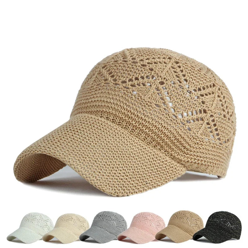 Women's breathable mesh summer sun hat, adjustable baseball cap for outdoor activities.