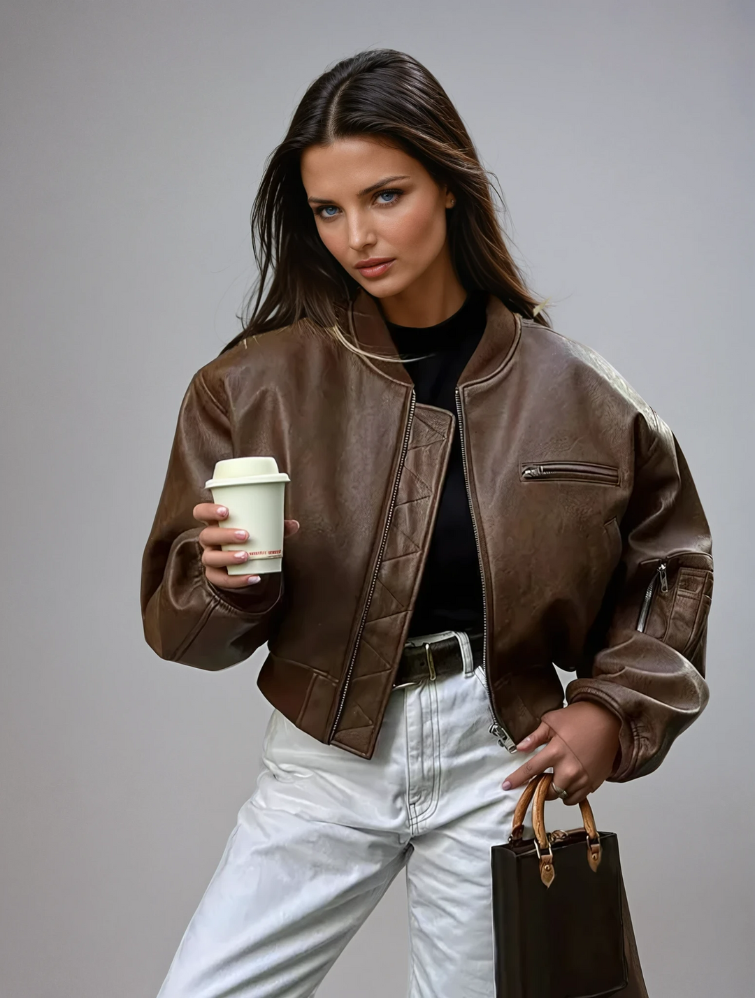 Women's brown cropped bomber jacket with vintage style, perfect for fall fashion & casual wear.