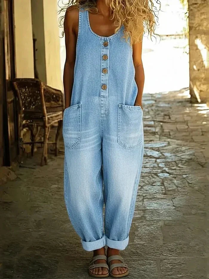 Women's button front wide leg overalls with practical pockets, perfect for casual summer fashion & a relaxed fit.