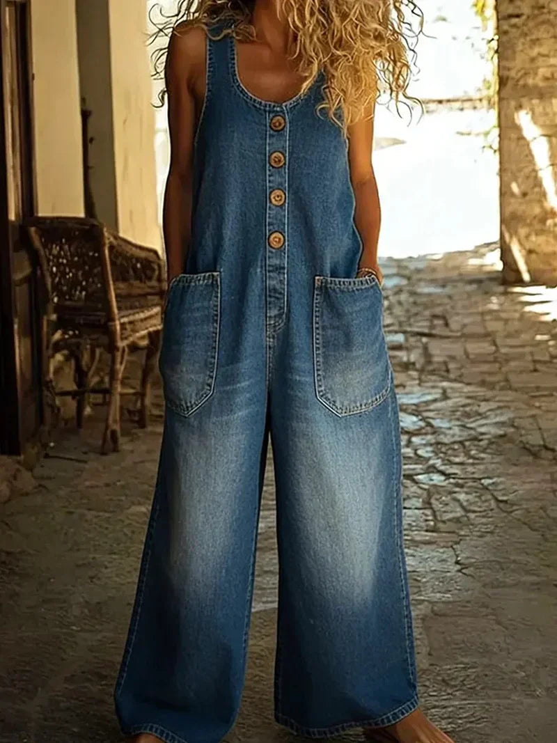 Chic women's wide leg overalls featuring a button front design & pockets. Versatile casual jumpsuit for summer.