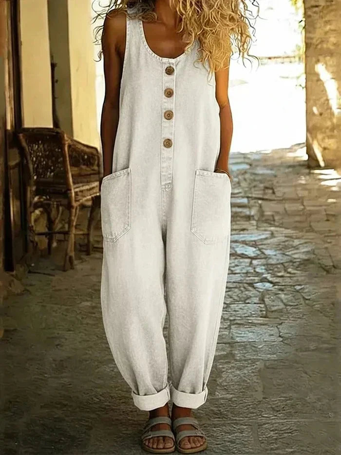 Stylish women's wide leg overalls with a button front and functional pockets, offering a versatile summer fashion look.