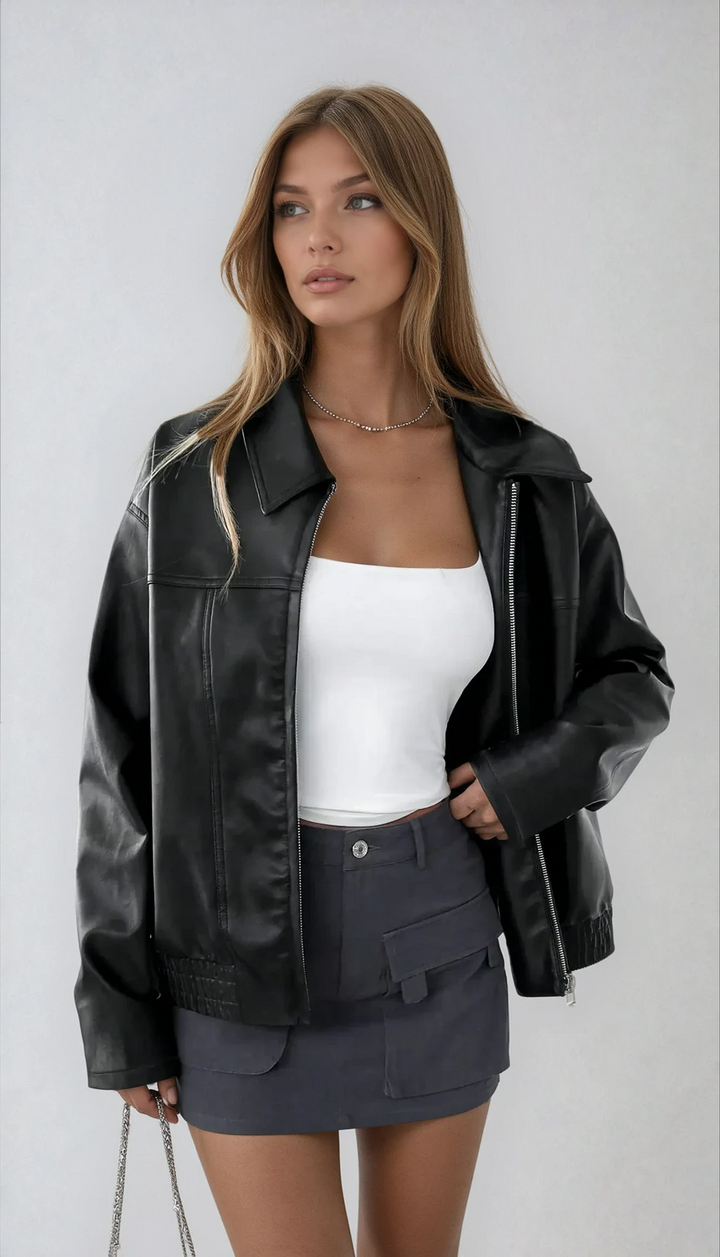 Stylish black faux leather jacket for women, ideal casual outerwear for everyday wear.