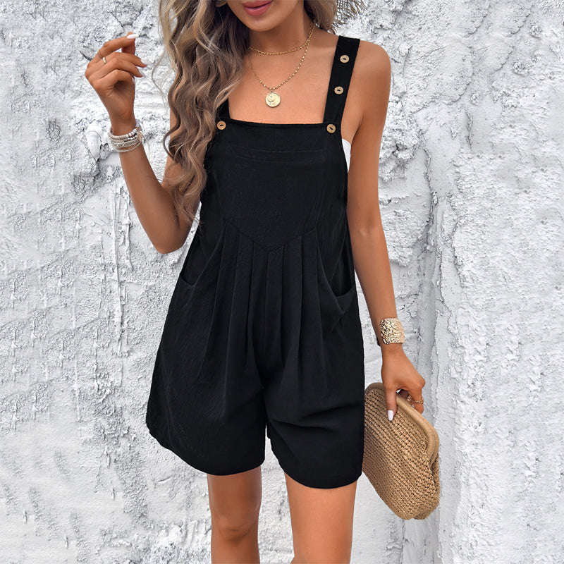 Comfortable women's button strap jumpsuit with pockets, perfect for a stylish & relaxed summer look.