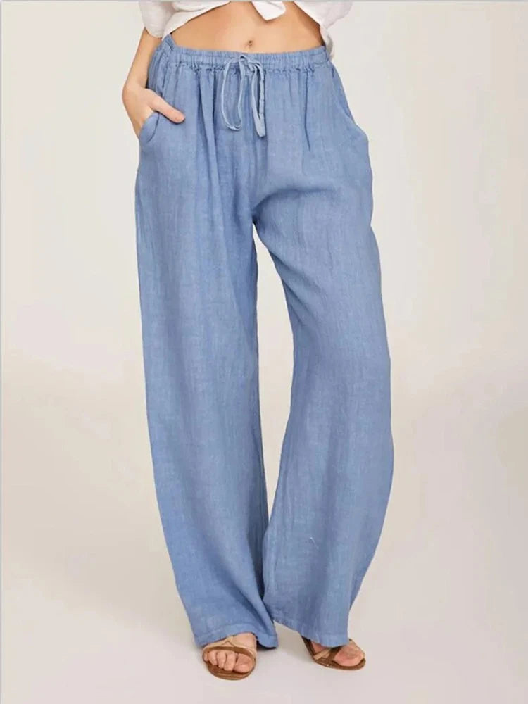 Women's casual loose-fit wide leg pants with comfortable drawstring waist, perfect for relaxed everyday wear.