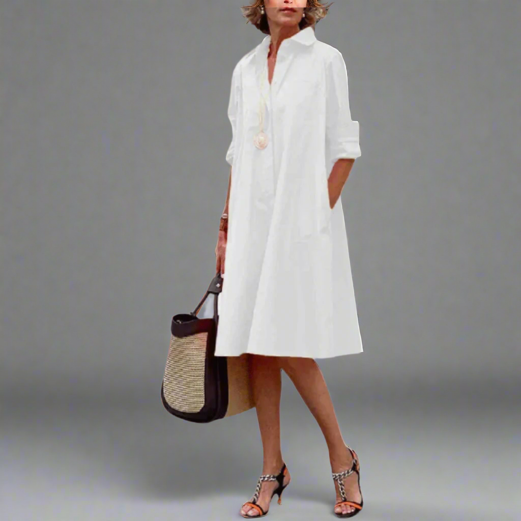 Comfortable women's short-sleeve polo dress. Versatile day dress, elegant for casual summer everyday style.
