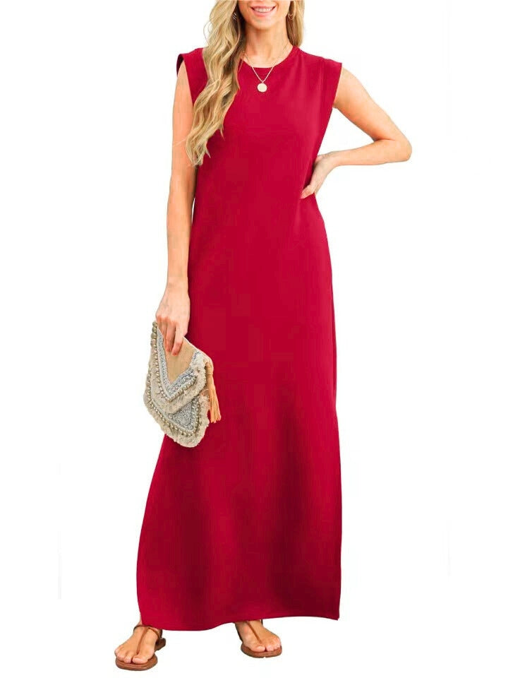 Women's casual red sleeveless maxi dress, round neck, relaxed fit, ideal for summer beachwear and casual style.