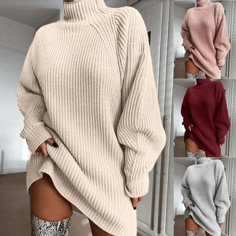 Women's Celeste Cosy Turtleneck Midi Dress. Long sleeve for warm winter fashion & chic comfort.