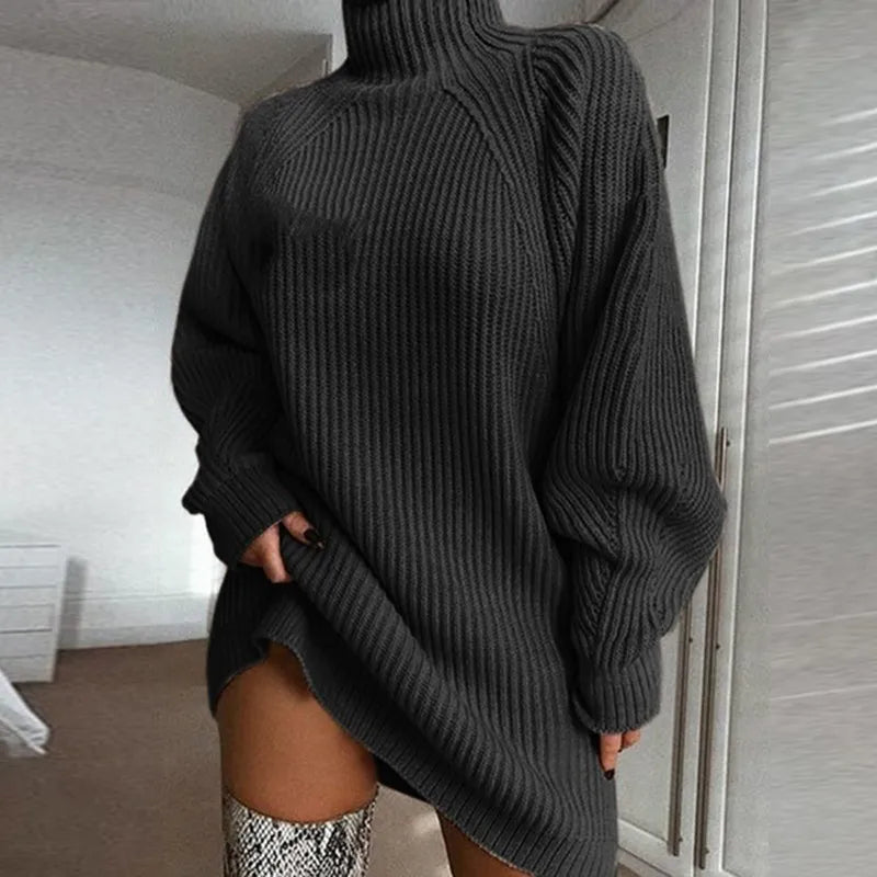 Versatile Celeste women's turtleneck midi dress. Long sleeve for cozy fall and winter fashion.