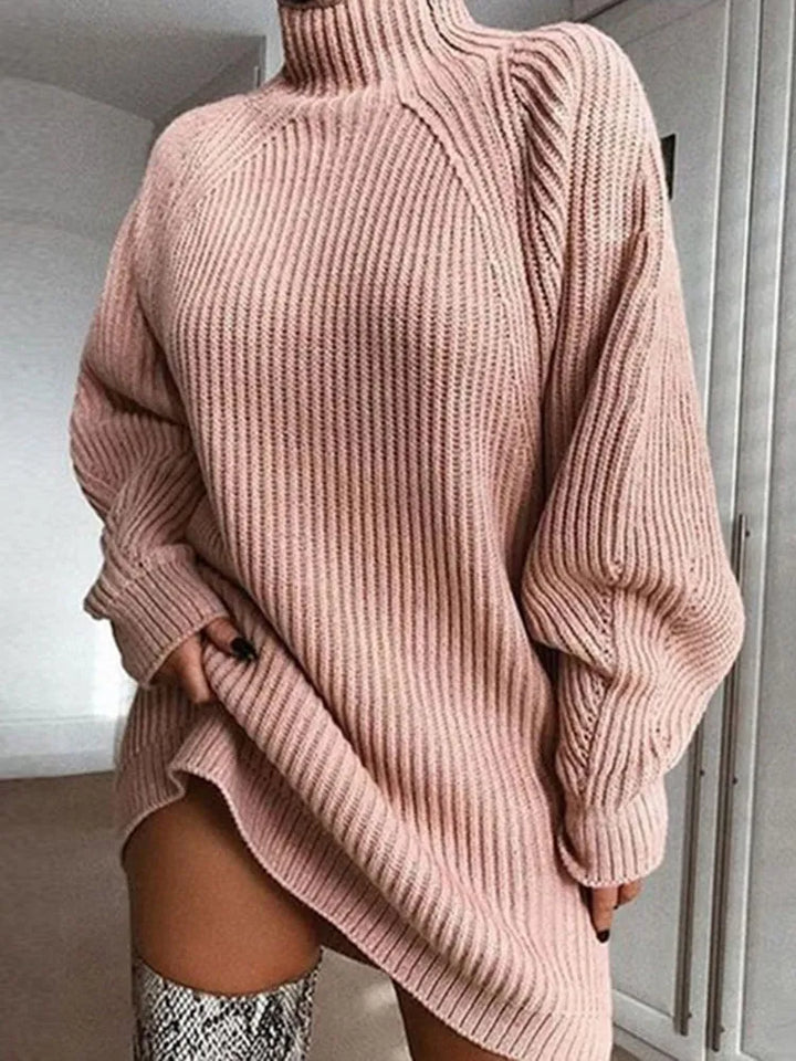 Elegant Celeste long sleeve turtleneck dress. Perfect women's midi for cozy fall & winter style.
