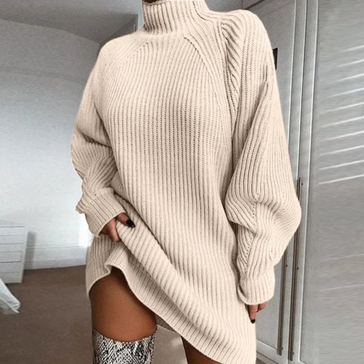 Warm women's Celeste turtleneck dress. Long sleeve midi for cozy winter fashion & comfort.