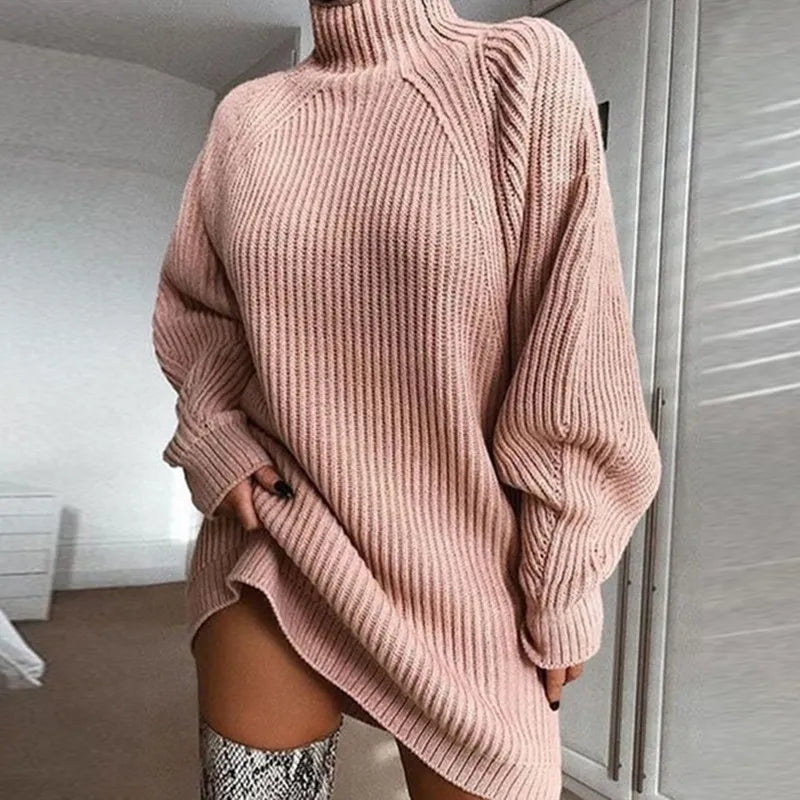 Elegant long sleeve Celeste women's midi turtleneck dress. Perfect for cozy fall & winter style.