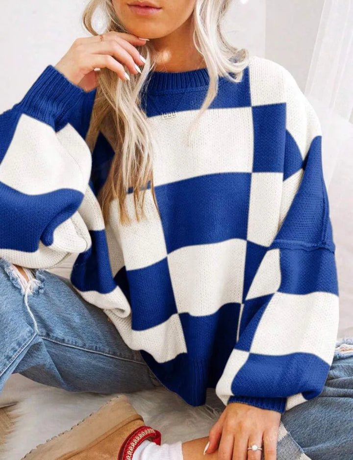 Everyday comfortable women's checkerboard knit sweater, casual long sleeve oversized top.