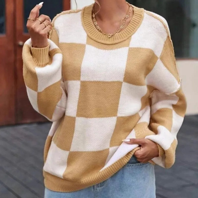 Stylish women's checkerboard knit pullover, long sleeve, perfect for cozy fall & winter wear.