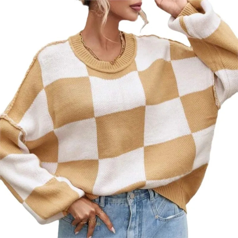 Fall/Winter women's checkerboard knit sweater, warm long sleeve pullover, a comfortable statement.