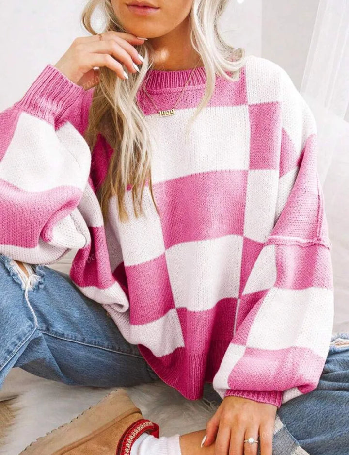 Warm women's checkerboard knit pullover, cozy long sleeve sweater for winter and cold weather.