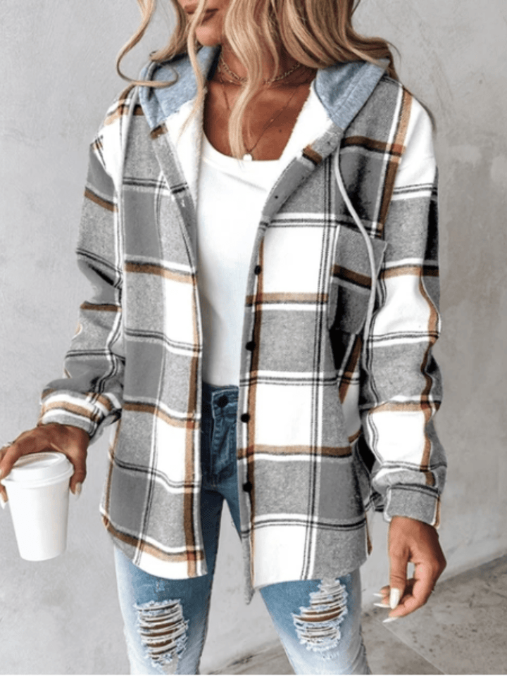 Women's checkered hoodie jacket, a cozy plaid outerwear for fall.