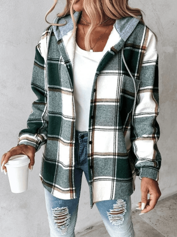Cozy women's plaid hoodie jacket, perfect casual layering for fall and winter style.