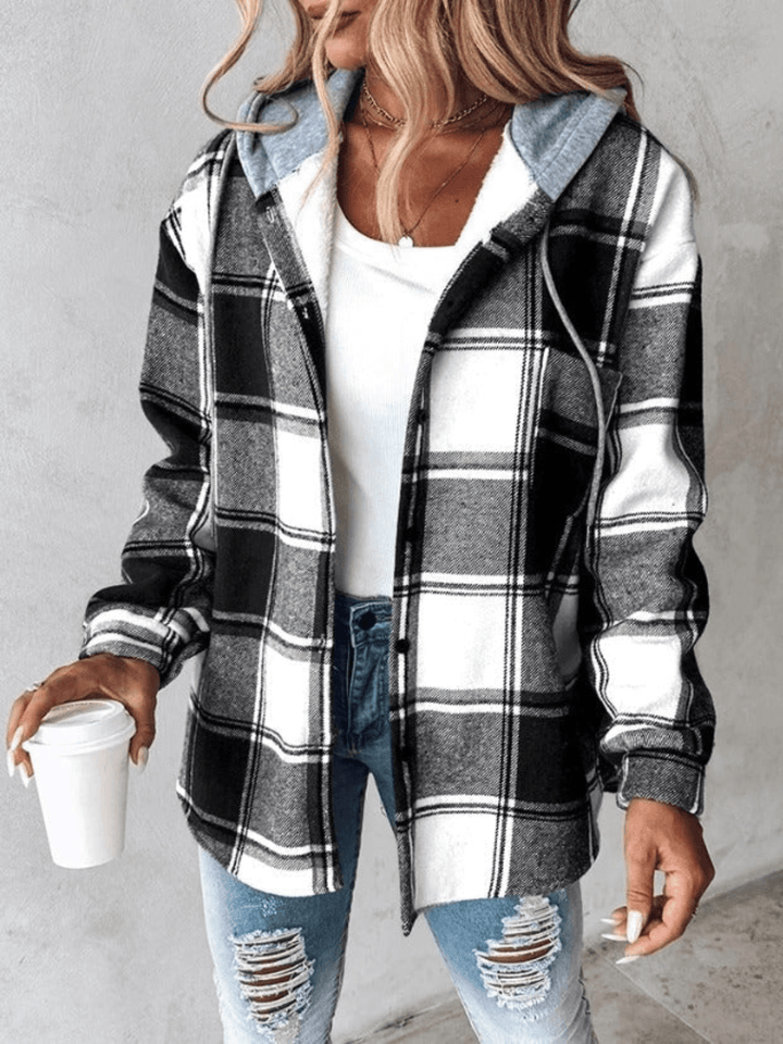 Women's long-sleeve plaid hoodie jacket, a cozy checkered sweater for casual wear.
