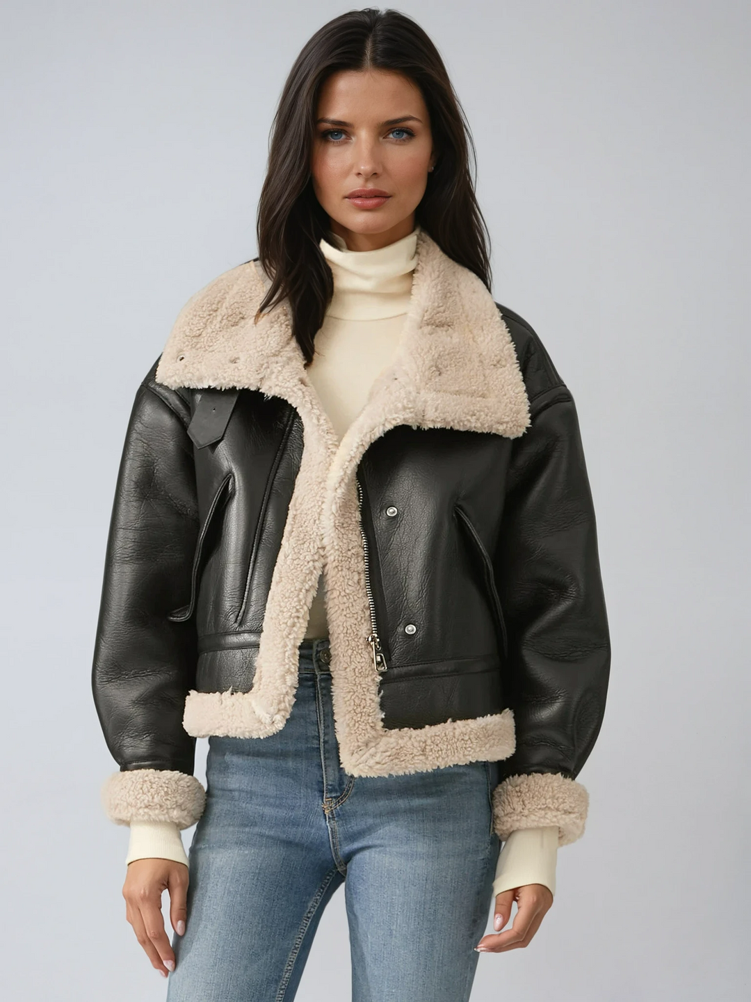 Women's chic aviator jacket. Stylish warm winter outerwear for casual fashion.