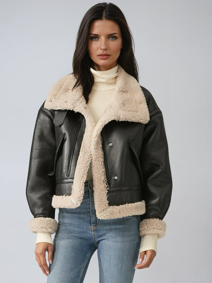 Women's chic aviator jacket. Stylish warm winter outerwear for casual fashion.