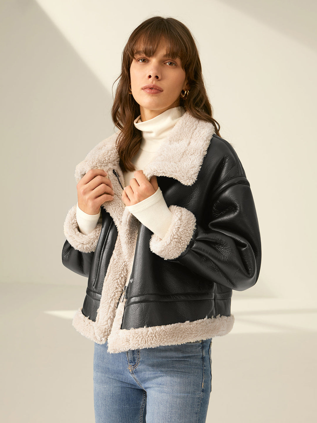 Stylish women's aviator jacket, essential warm winter outerwear for trendy fashion.