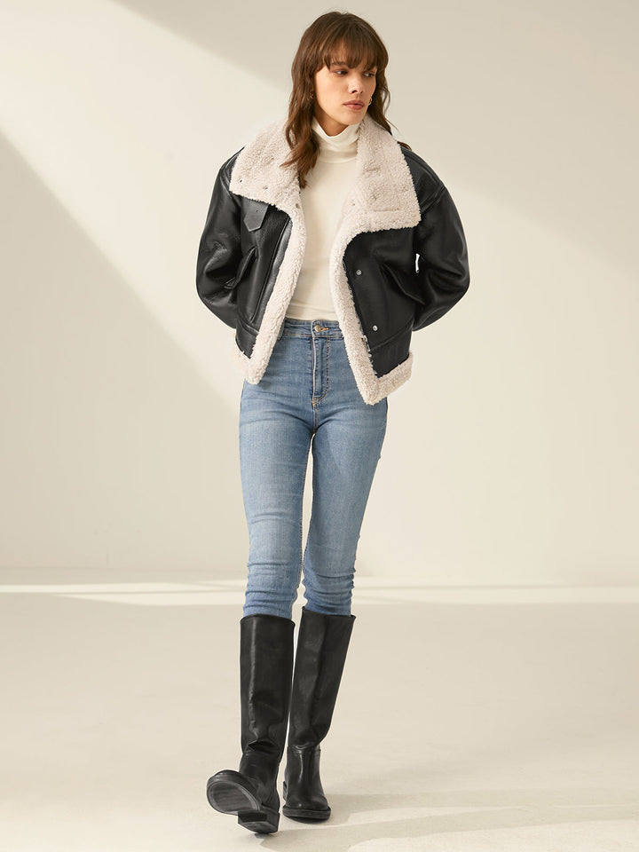 Trendy women's aviator jacket, offering stylish warmth as winter outerwear. Casual fashion.