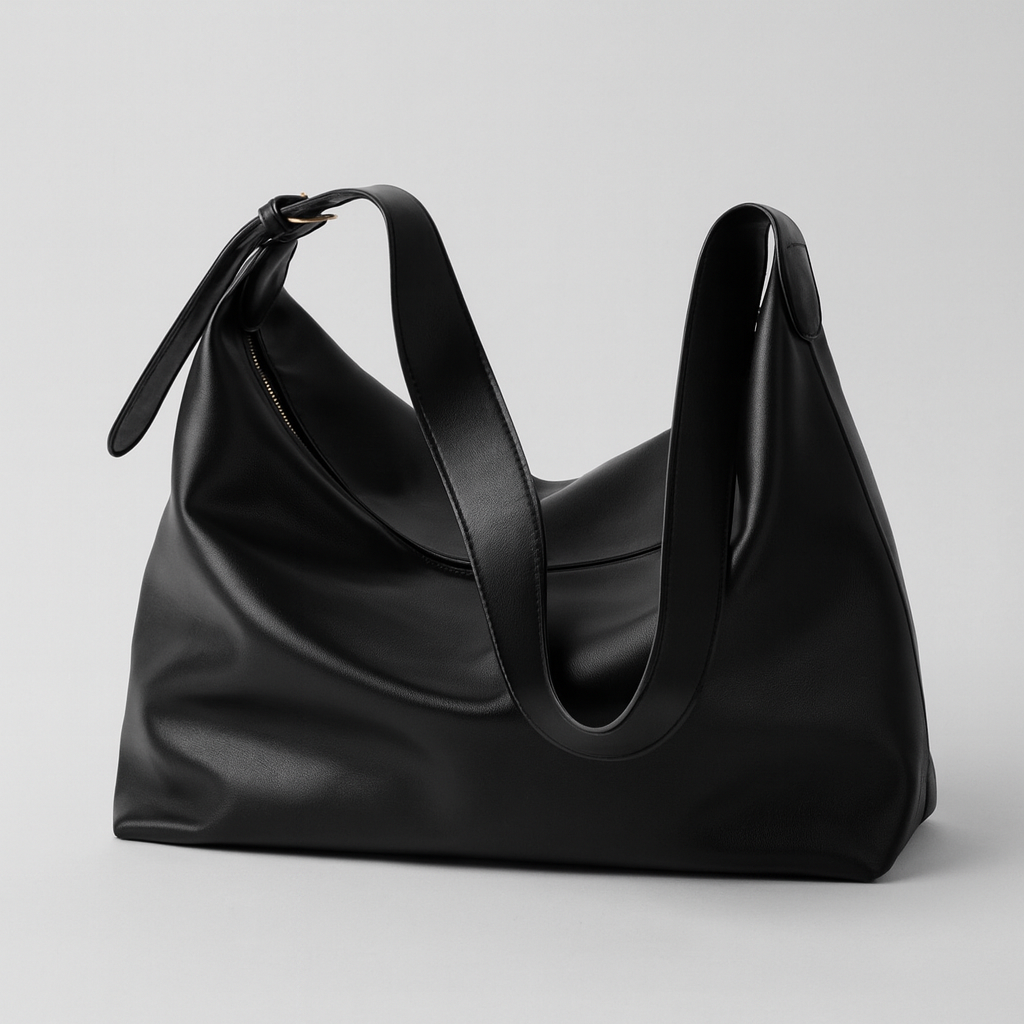 Women's chic black faux leather slouchy shoulder tote bag, a versatile everyday fashion accessory.