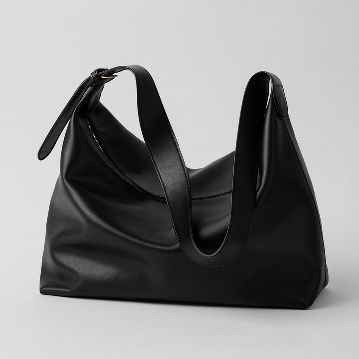 Women's chic black faux leather slouchy shoulder tote bag, a versatile everyday fashion accessory.