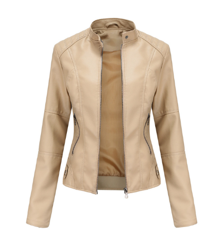 Edgy women's black leather moto jacket featuring a sleek mandarin collar. Versatile fall & spring apparel.