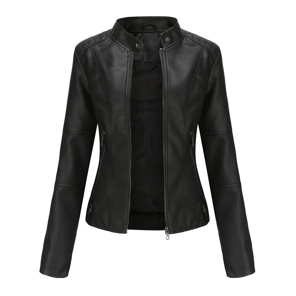 Contemporary women's black leather jacket with a sophisticated mandarin collar. Essential stylish outerwear.