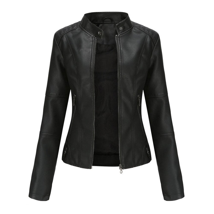 Contemporary women's black leather jacket with a sophisticated mandarin collar. Essential stylish outerwear.